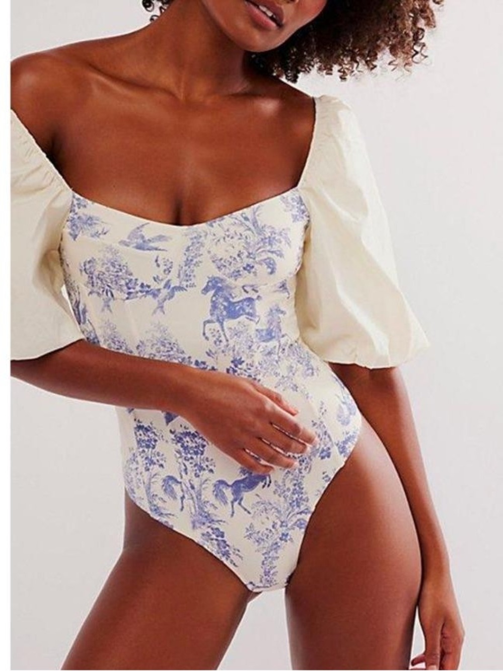 Free People Cream Bandeau Bodysuit with Blue Toile Print and Puff Sleeves